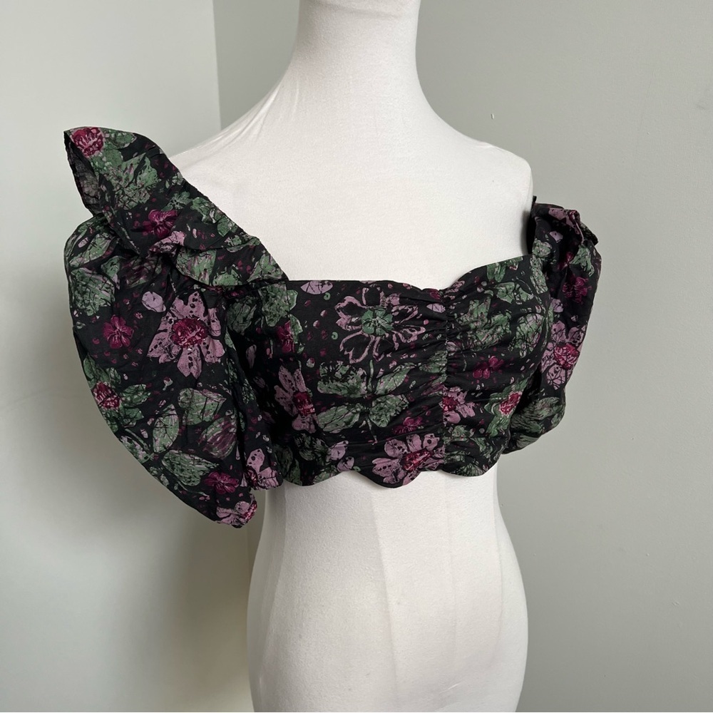 🌸 ZARA Floral Ruched Crop Top NWT | Puff Sleeve Cottagecore Fairycore S - Picture 2 of 6